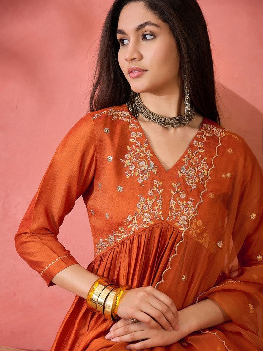 Women's Orange Floral Embroidered V-Neck A-Line Kurta With Trousers And Dupatta