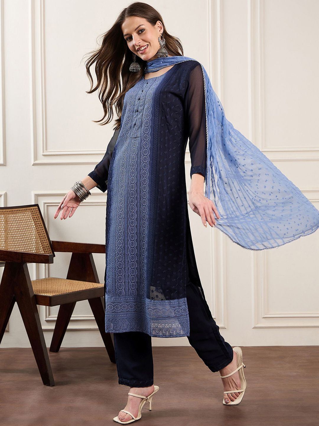 Dhiyona PD Women Embroidered Ombre & Schiffli Straight Kurta With Trousers And Dupatta
