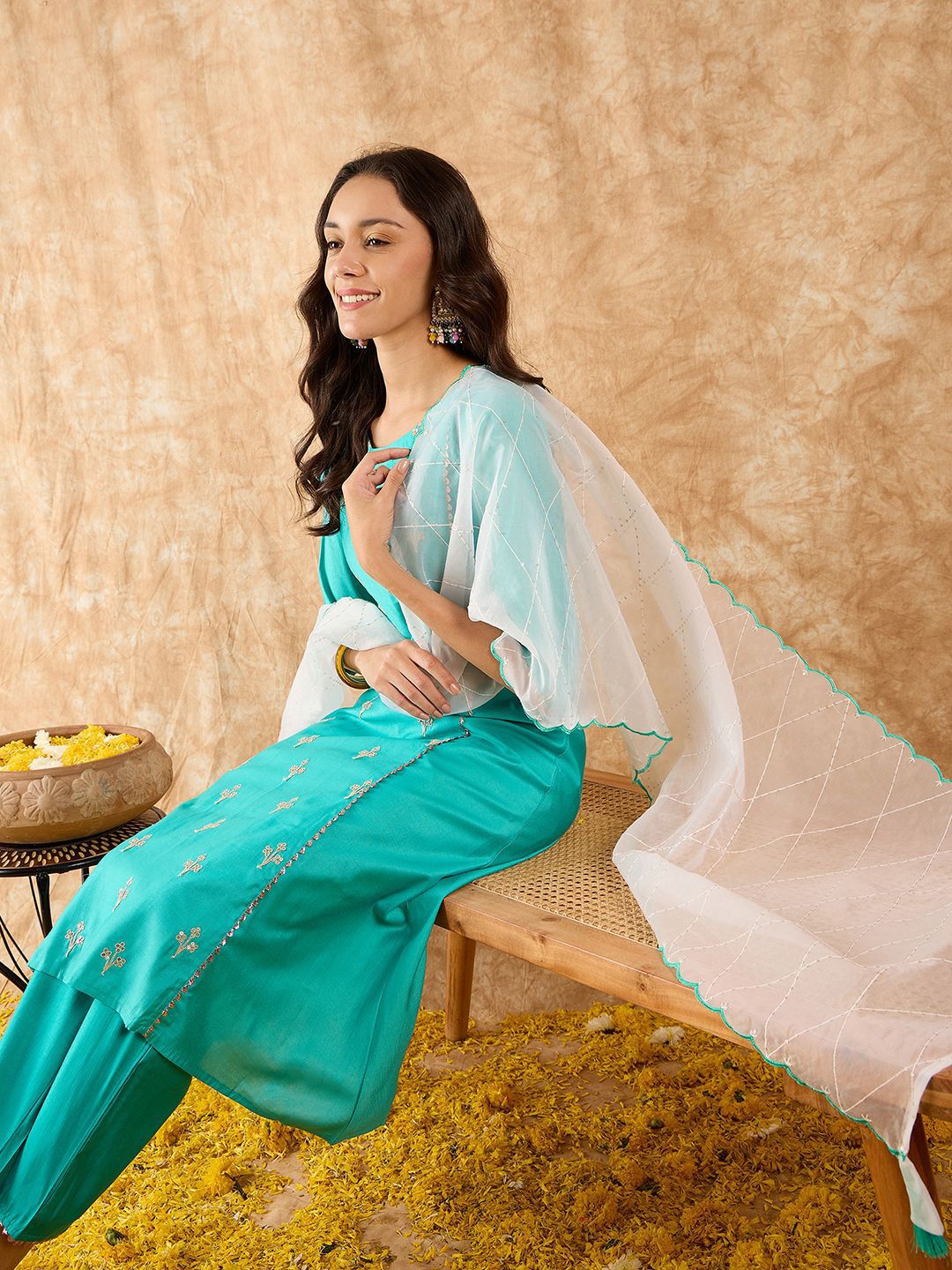 Ethnic Motifs Embroidered A-Line Sequinned Liva Kurta with Trousers & Dupatta