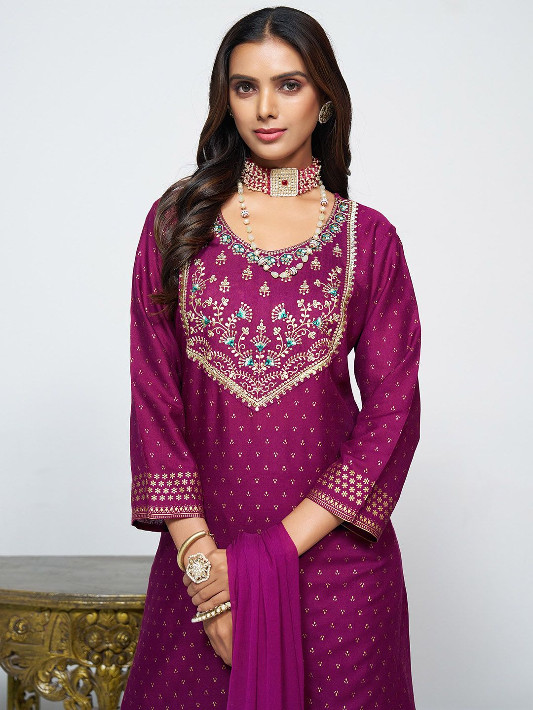 Dhiyona SN Women's Embroidered Round Neck Straight Kurta & Sharara With Dupatta