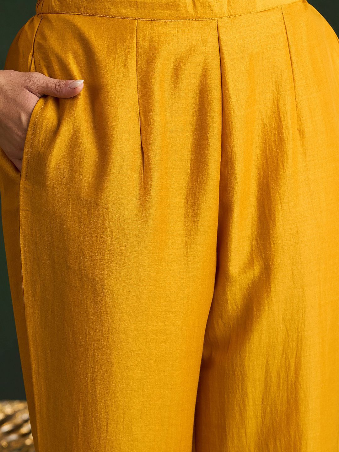 Dhiyona IE Mustard Yellow Floral Embroidered V-Neck Straight Kurta with Trousers & Dupatta