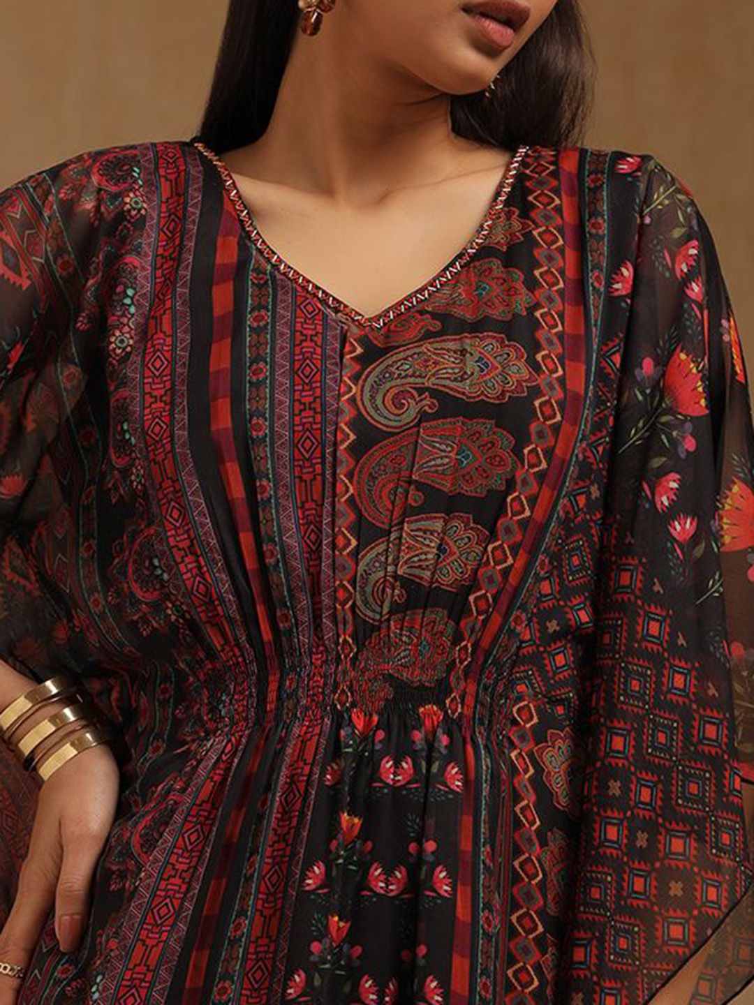 Dhiyona SO Women's Ethnic Motifs Printed Beads And Stones Kaftan Kurta With Trousers