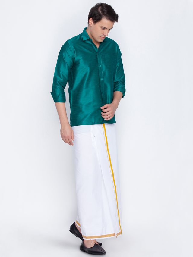 Men's Green Silk Blend Straight Shirt And Mundu