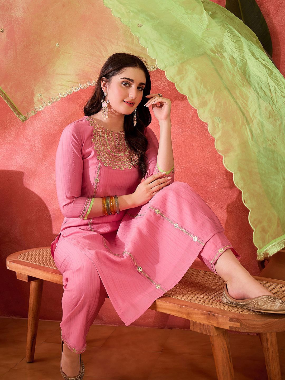 Dhiyona SN Women's Zari Sequence Embroidered Straight Kurta & Trouser With Dupatta