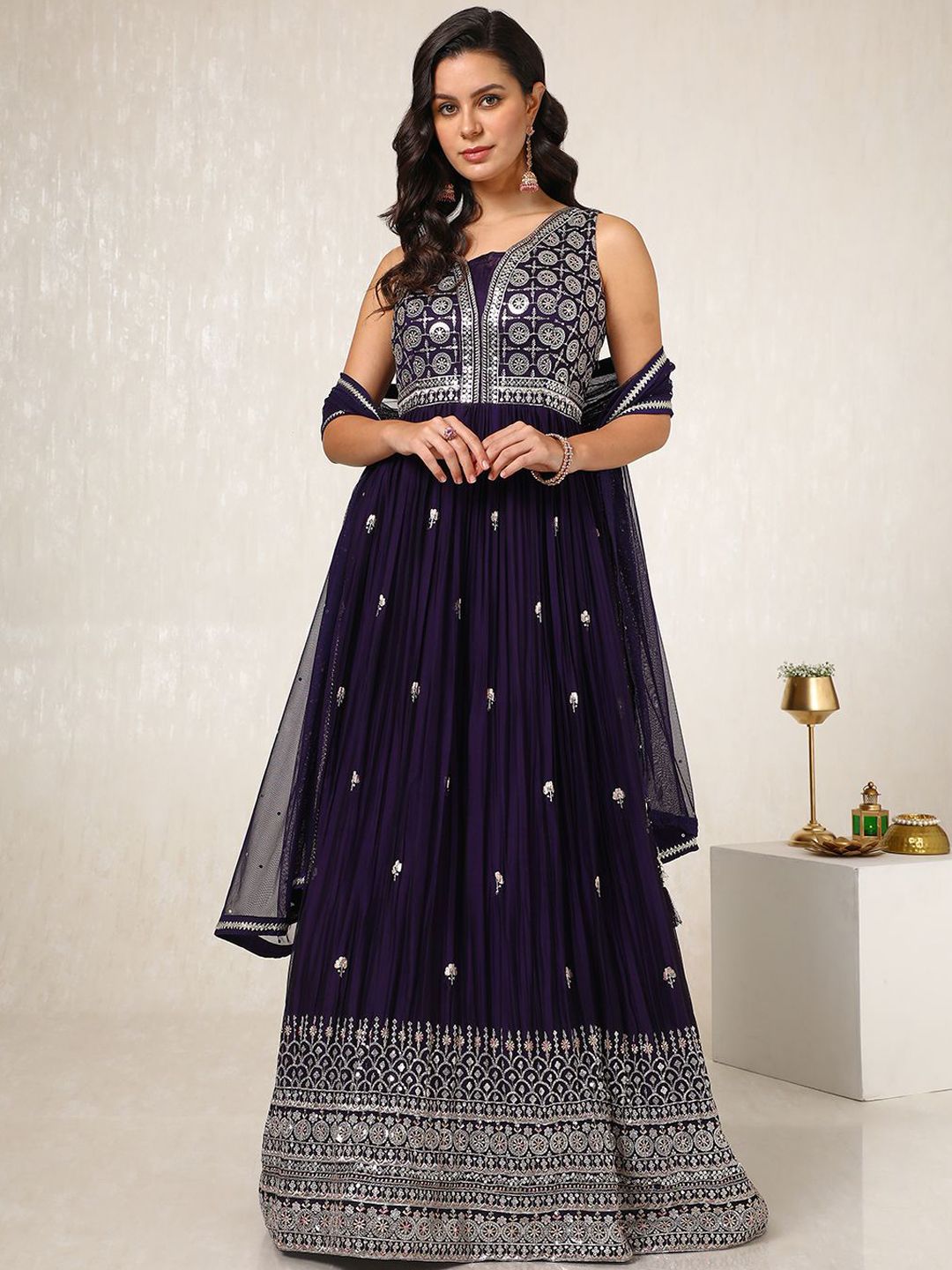 Dhiyona SO Women's Embroidered Empire Sequinned Anarkali Kurta with Churidar & Dupatta