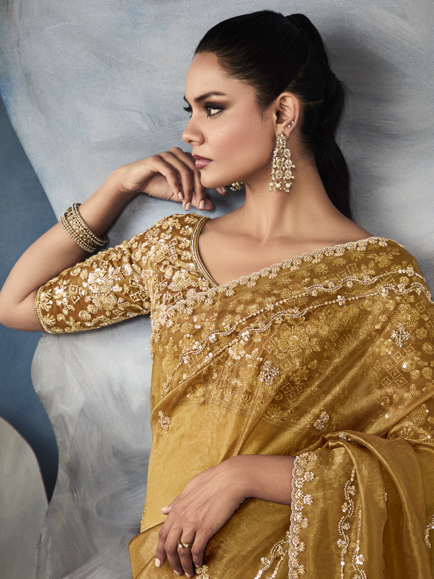 Dhiyona KM Women Tissue Embroidered Fancy Heavy Border Saree