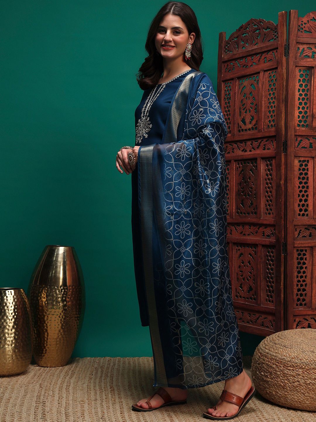 Dhiyona SN Women's Sequin Embroidered Straight Kurta & Trousers With Dupatta