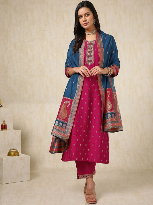 Dhiyona SO Women's Ethnic Motifs Embroidered Zardozi Straight Kurta with Trousers & Dupatta
