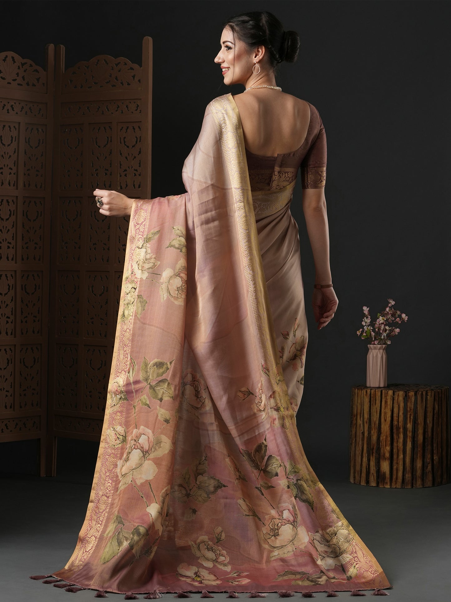 Women's Kanjeevaram Silk Brown Printed Designer Saree With Blouse Piece