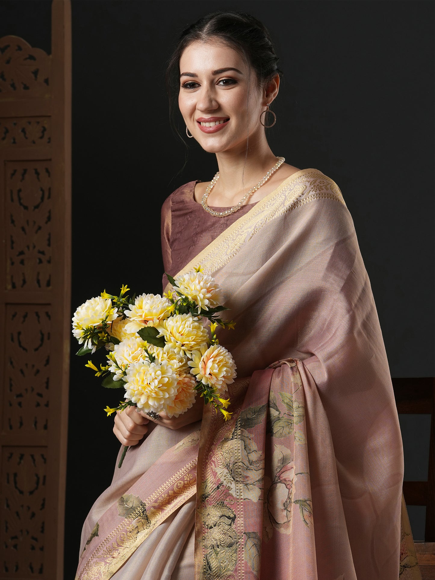 Women's Kanjeevaram Silk Brown Printed Designer Saree With Blouse Piece