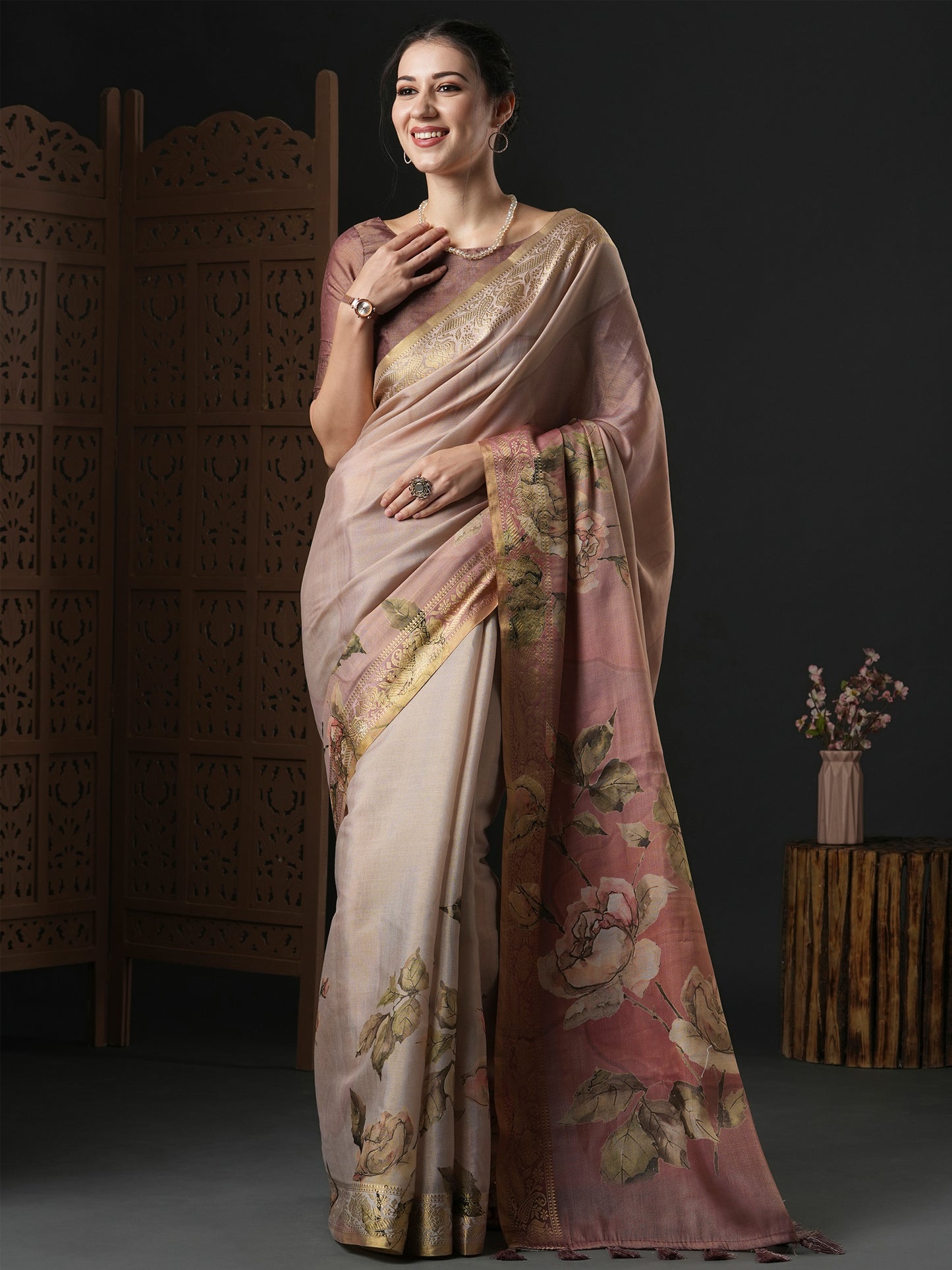 Women's Kanjeevaram Silk Brown Printed Designer Saree With Blouse Piece