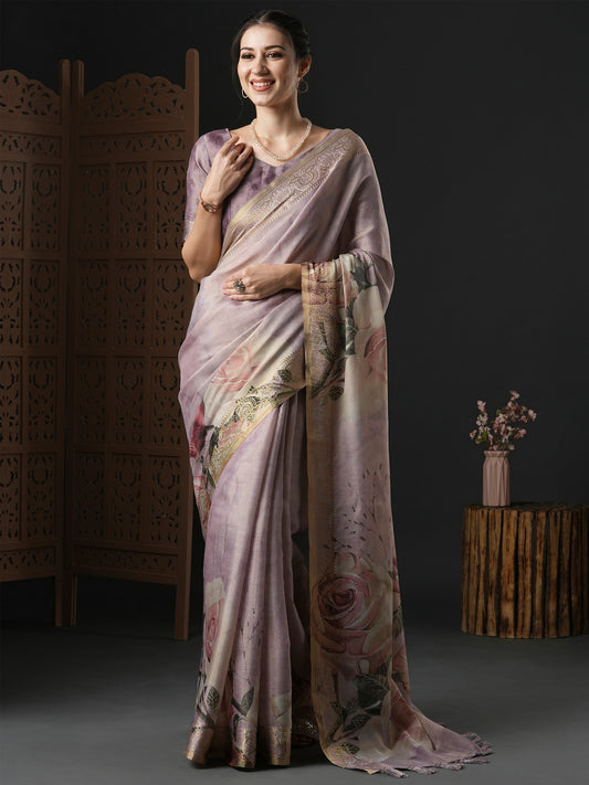 Women's Kanjeevaram Silk Lavendar Printed Designer Saree With Blouse Piece