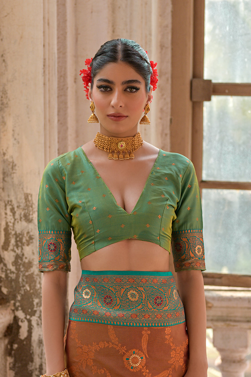 Coffee Green Banarasi Silk Saree