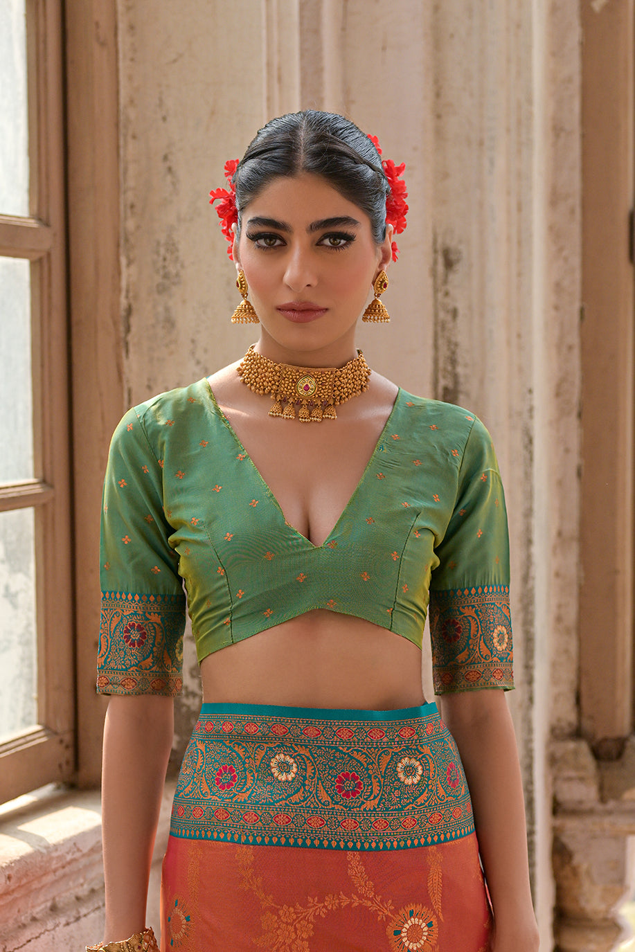 Peach Green Banarasi Silk Saree