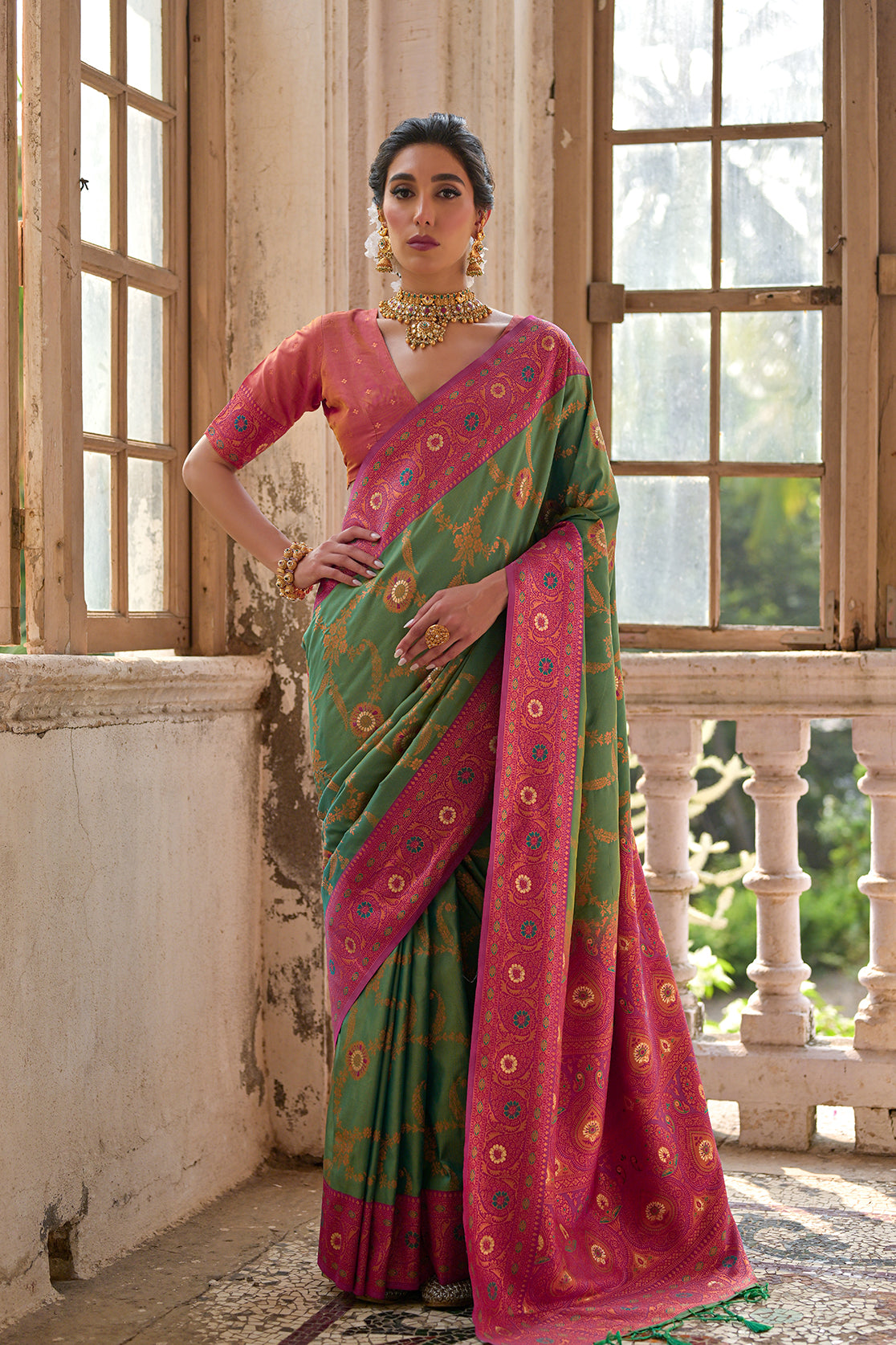 Pista Pink Banarasi Silk Saree