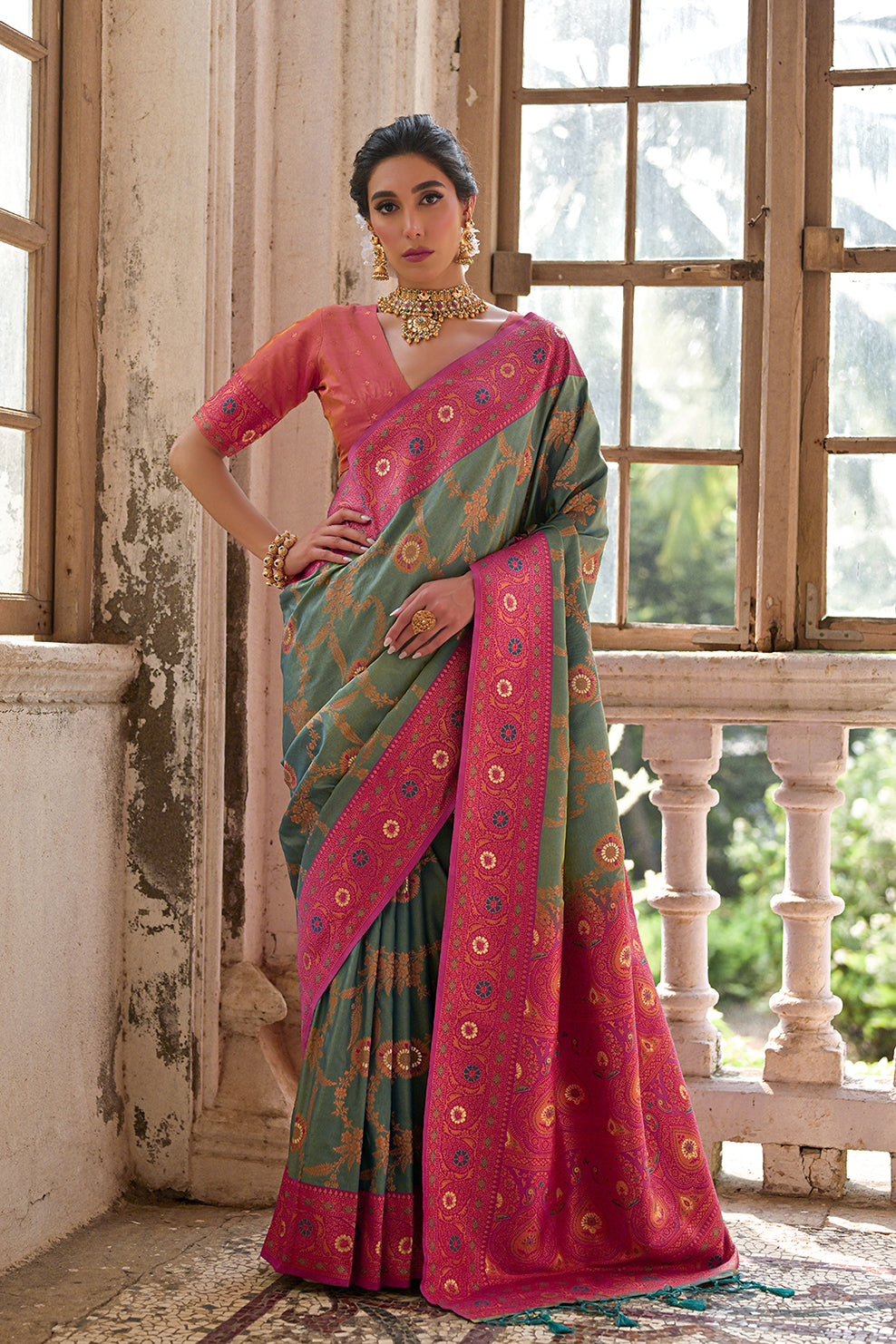 Rama Pink Banarasi Silk Saree