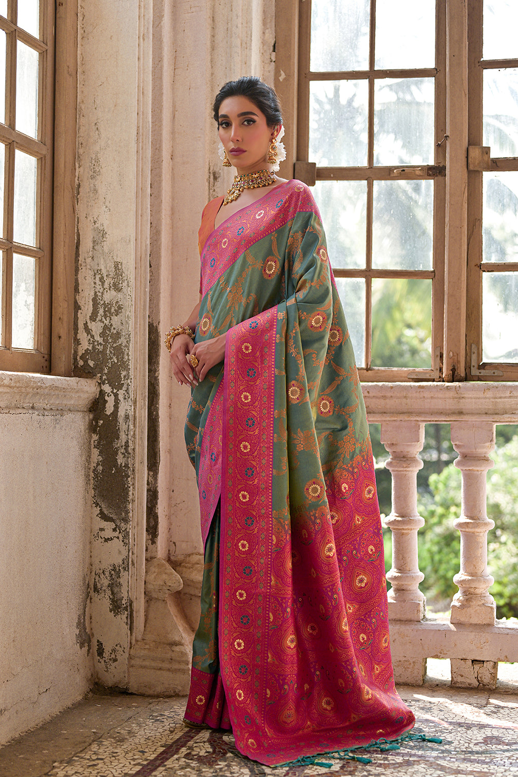 Rama Pink Banarasi Silk Saree
