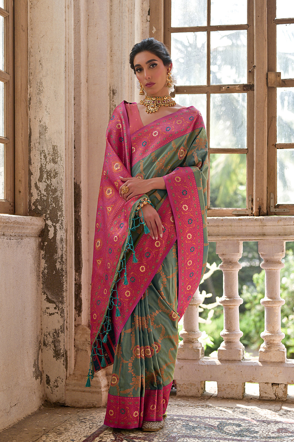 Rama Pink Banarasi Silk Saree