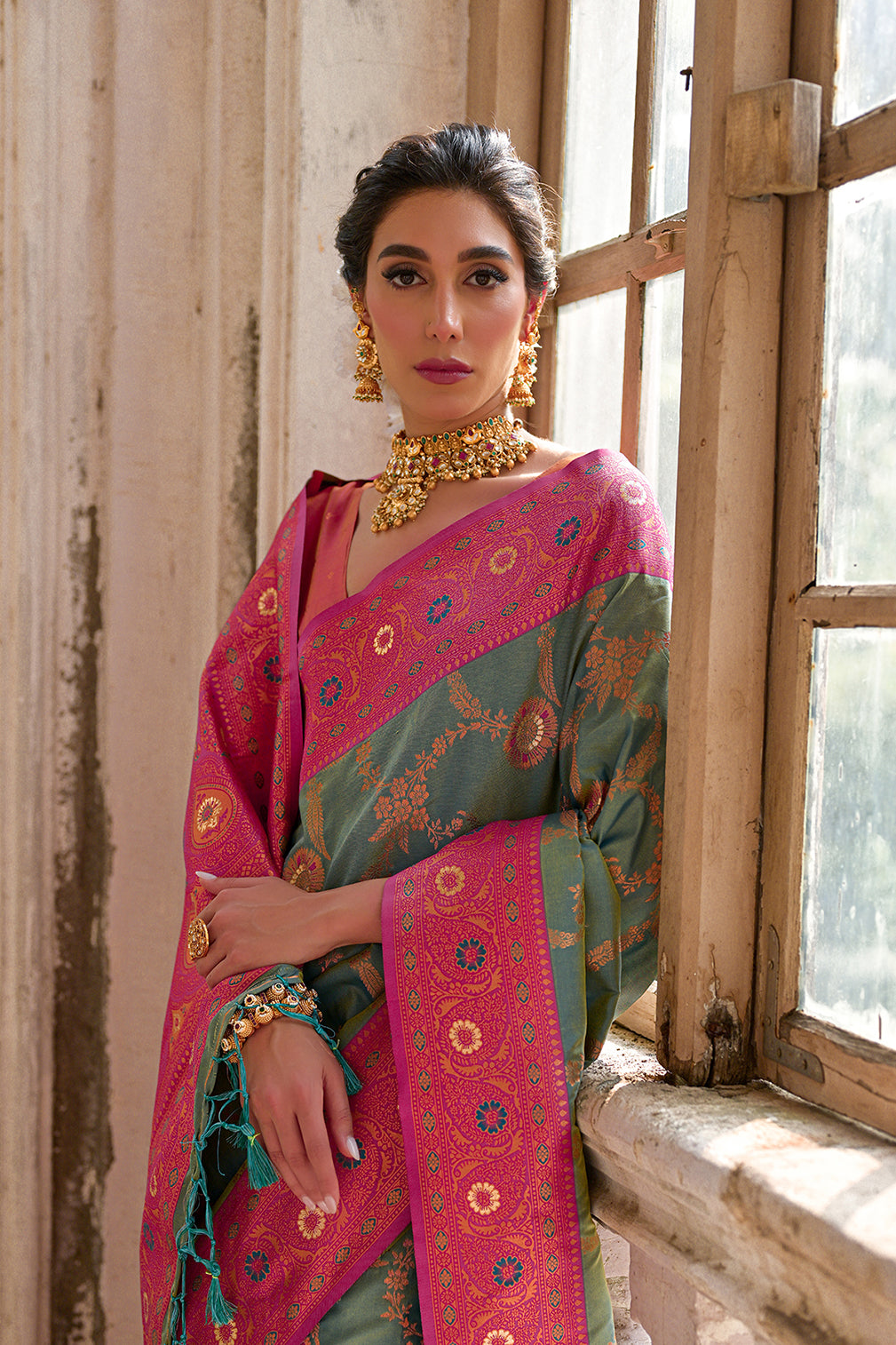 Rama Pink Banarasi Silk Saree