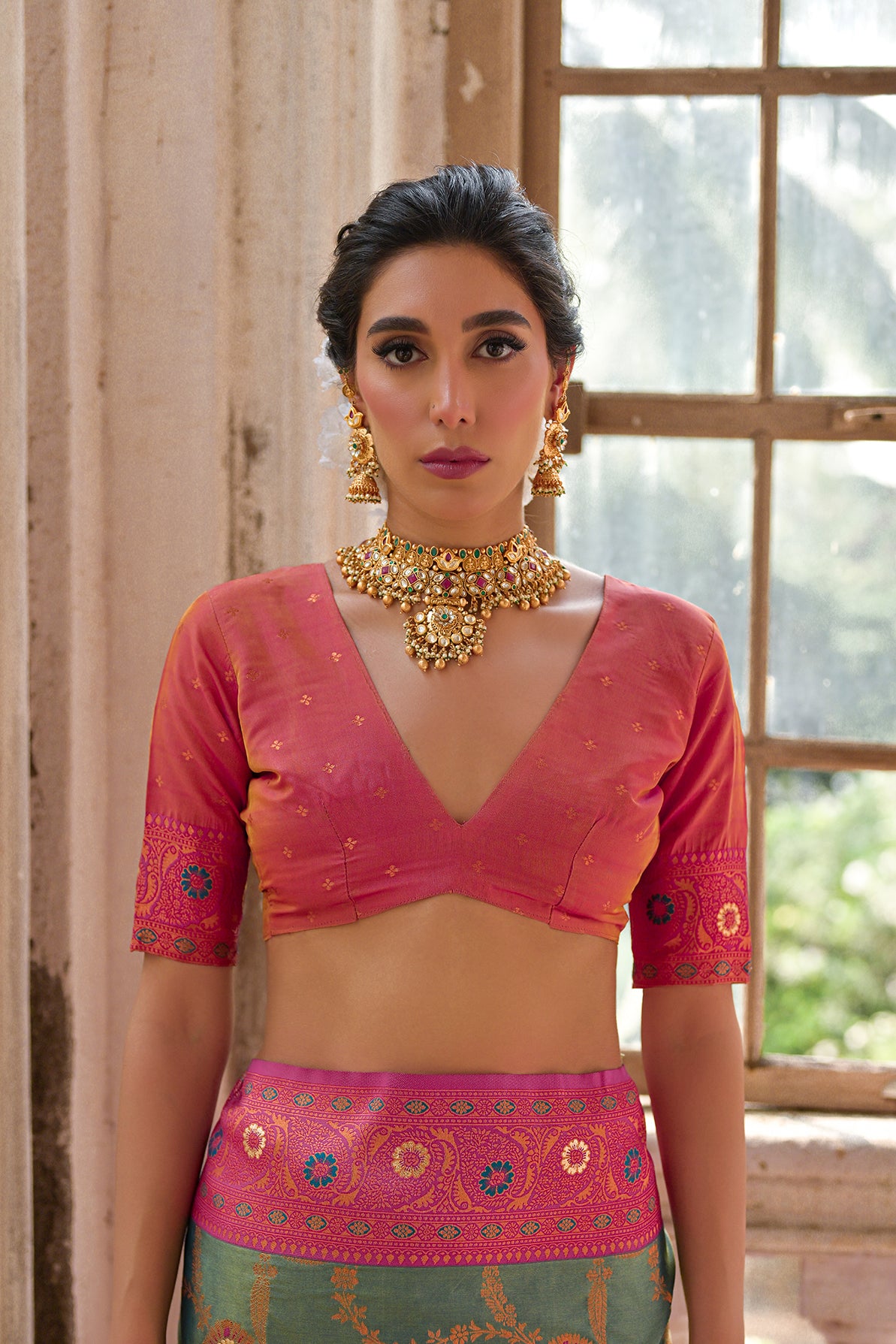 Rama Pink Banarasi Silk Saree