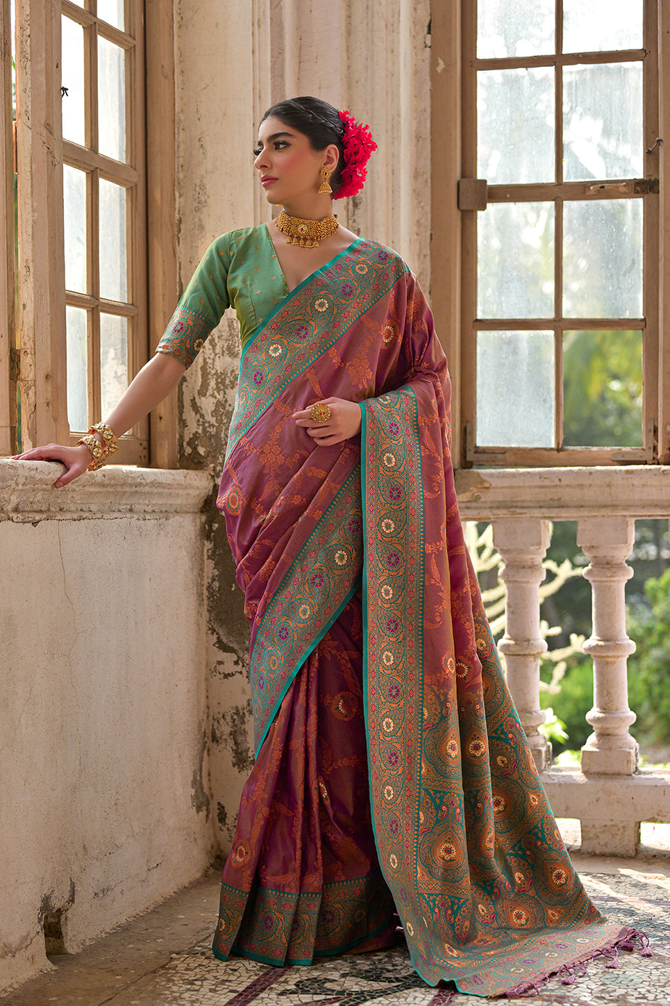 Wine Green Banarasi Silk Saree