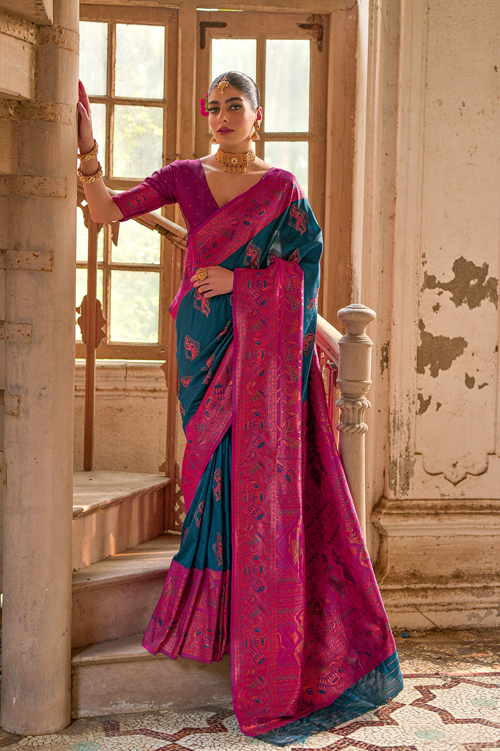 Blue Wine Banarasi Silk Saree