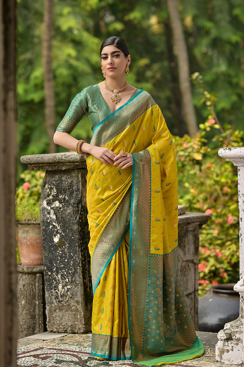 Lemon-Yellow Green Banarasi Silk Saree