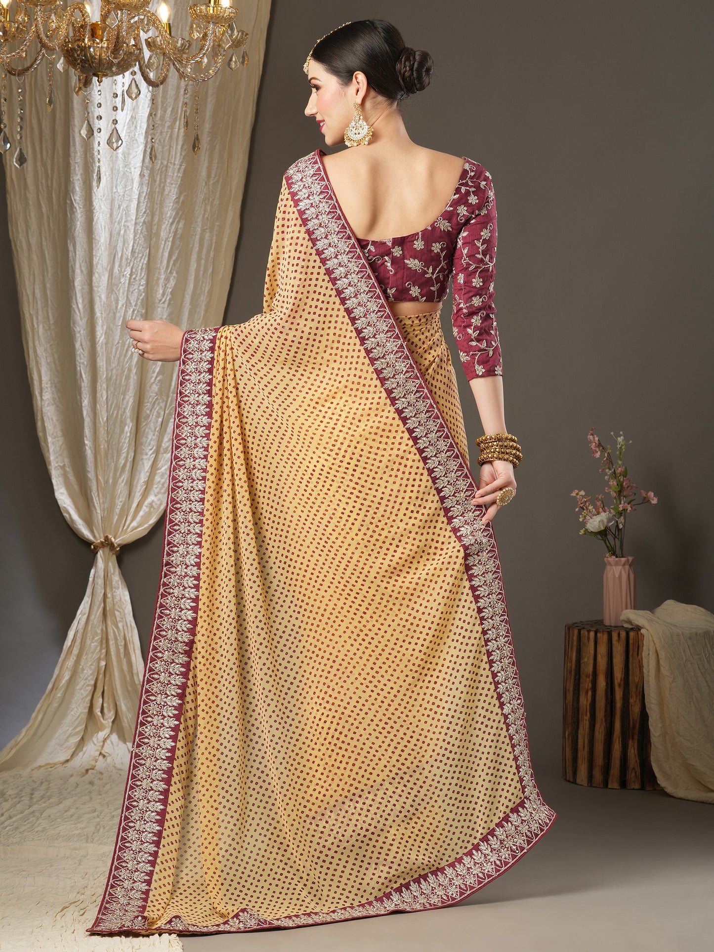 Women's Georgette Cream Zari Embroidered Designer Saree With Blouse Piece