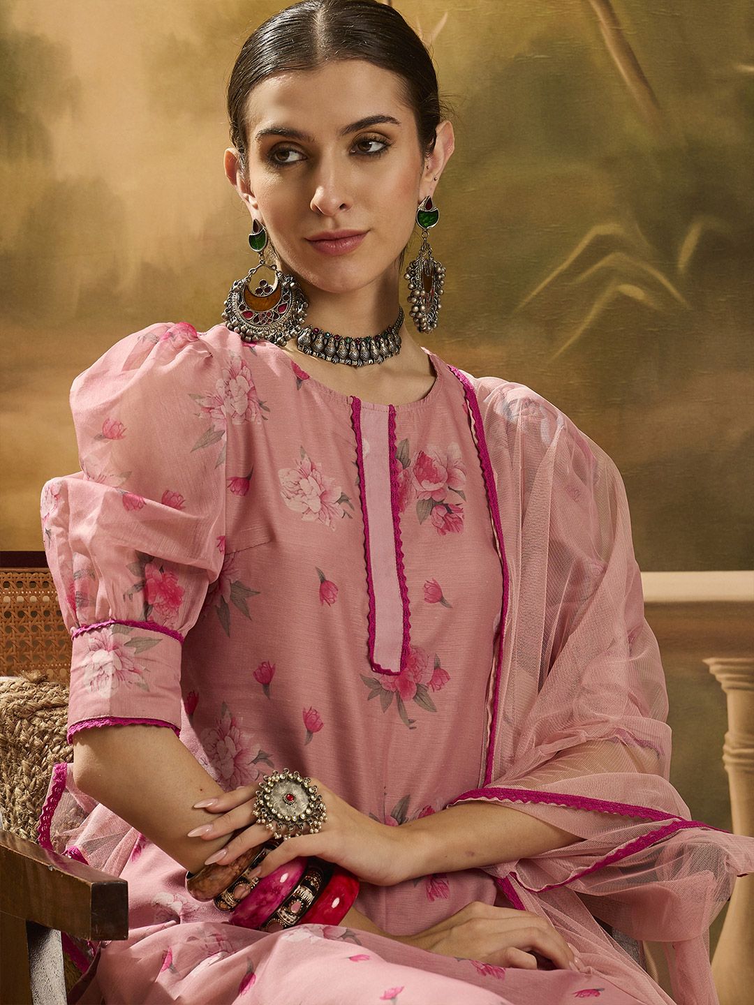 Dhiyona SN Women's Floral Printed Puffed Sleeves Chanderi Silk Straight Kurta With Trousers & Dupatta