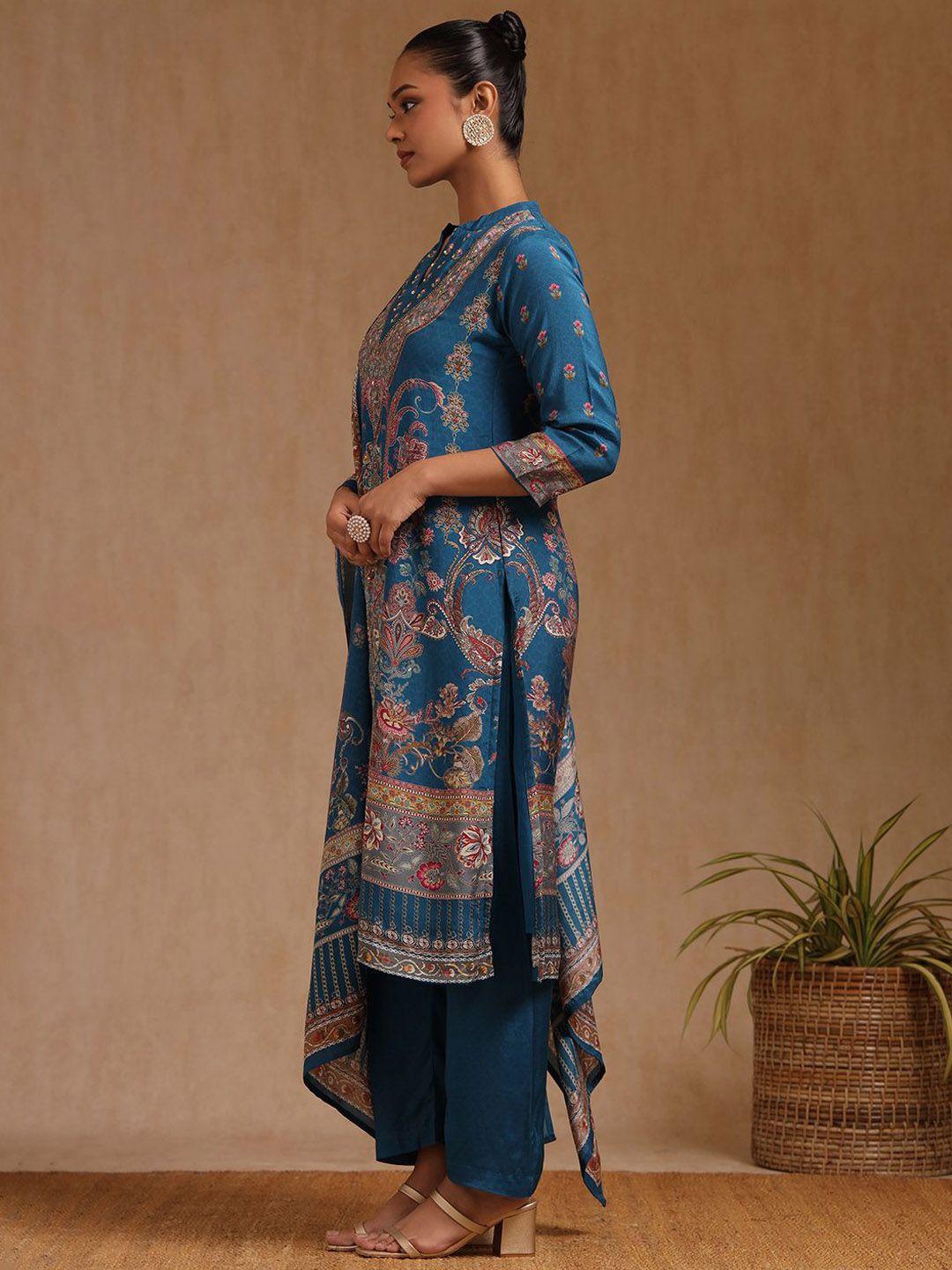 Dhiyona SO Women's Floral Printed Beads and Stones Straight Kurta with Trouser & Dupatta