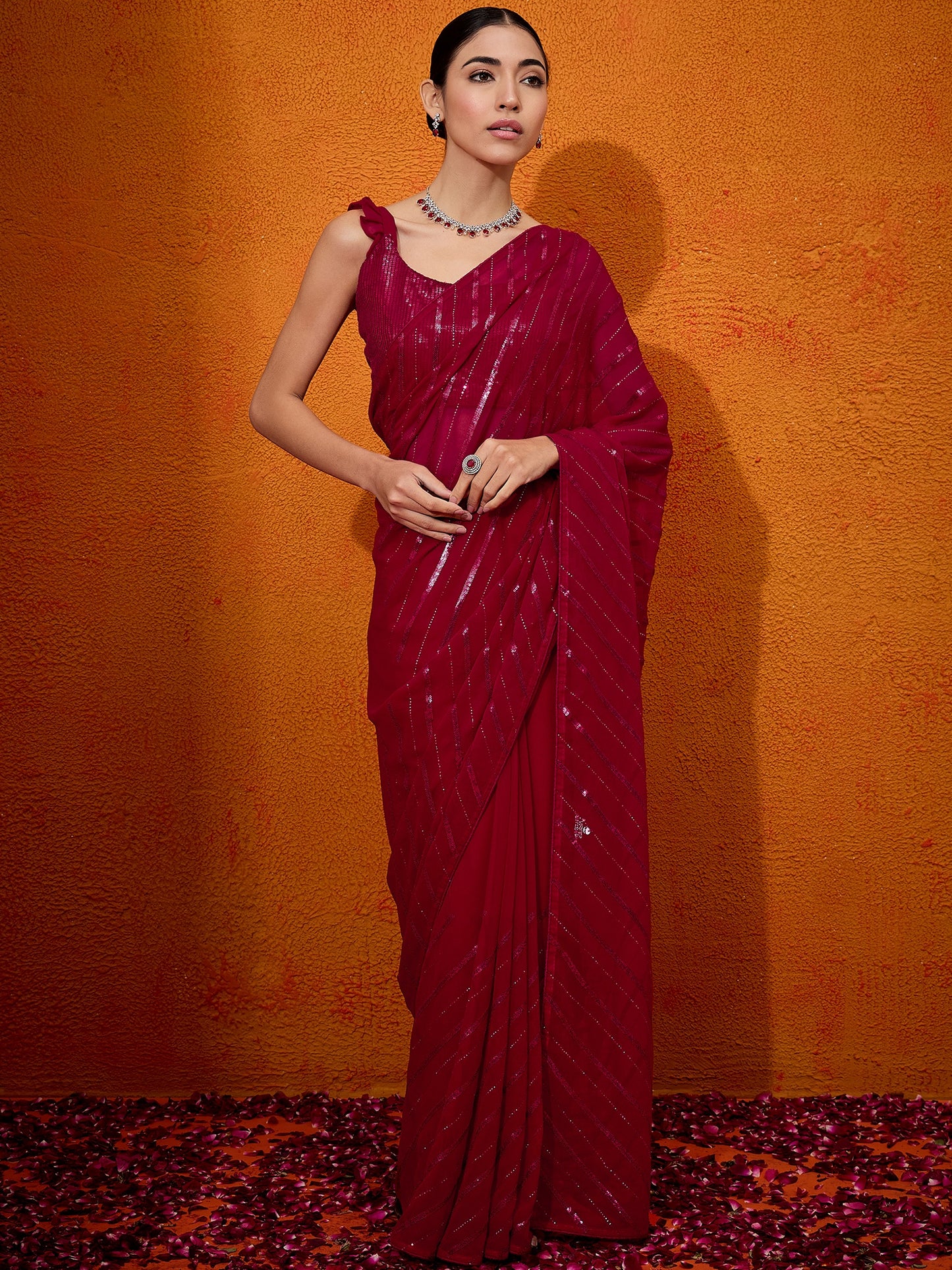 Women's Georgette Pink Embellished Designer Saree With Blouse Piece