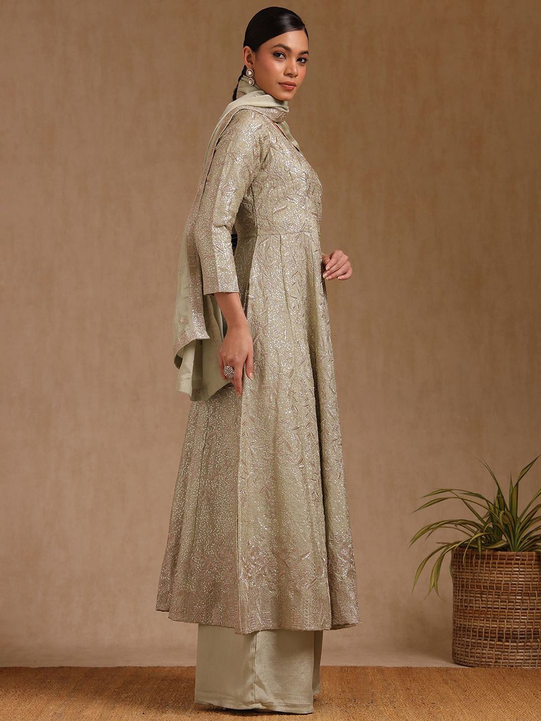 Dhiyona SO Women's Alina Cut Floral Embroidered Empire Sequinned Anarkali Kurta With Palazzo & Dupatta