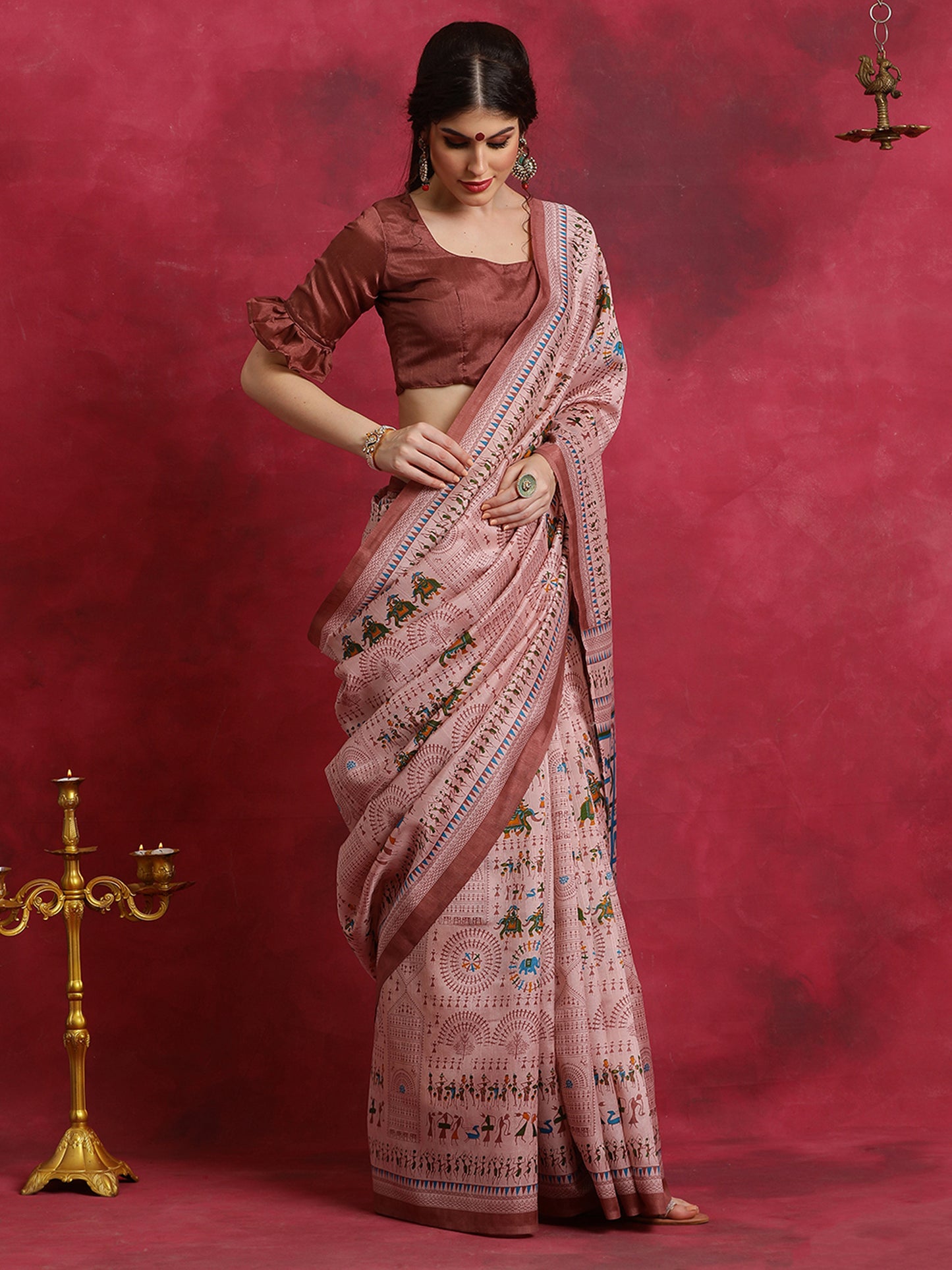 Women's Bhagalpuri Silk Rose Gold Printed Designer Saree With Blouse Piece