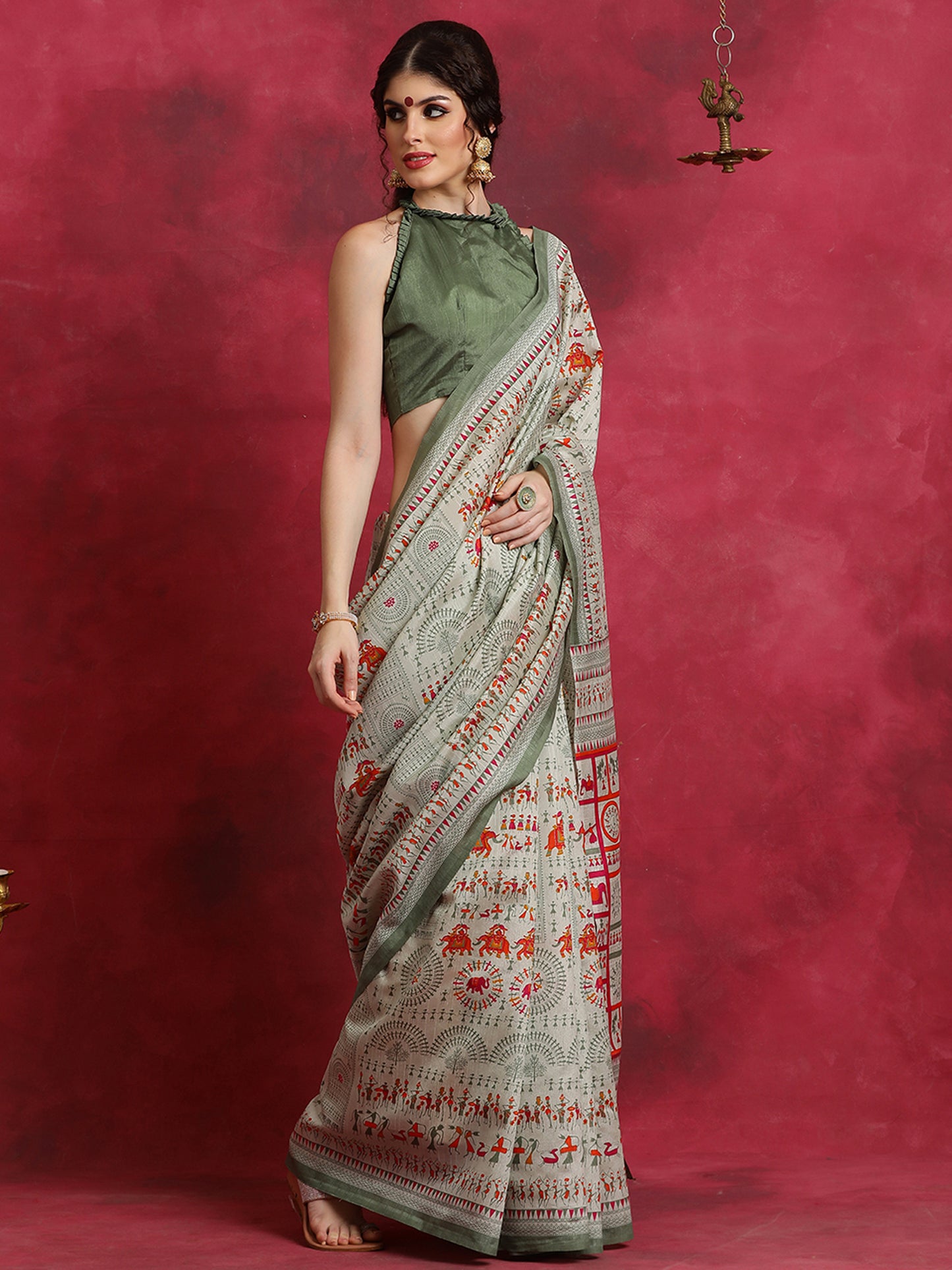 Women's Bhagalpuri Silk Light Green Printed Designer Saree With Blouse Piece