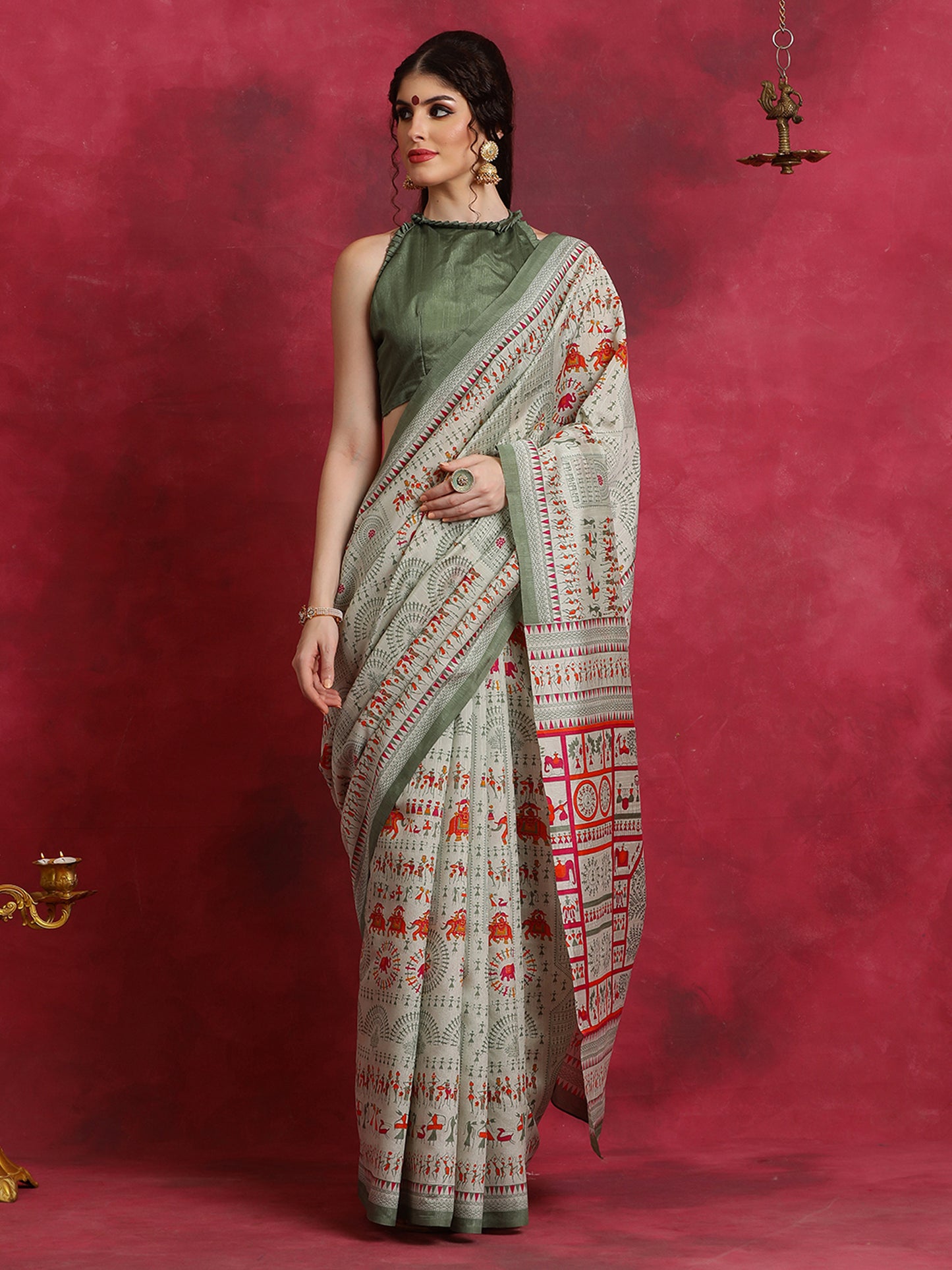 Women's Bhagalpuri Silk Light Green Printed Designer Saree With Blouse Piece