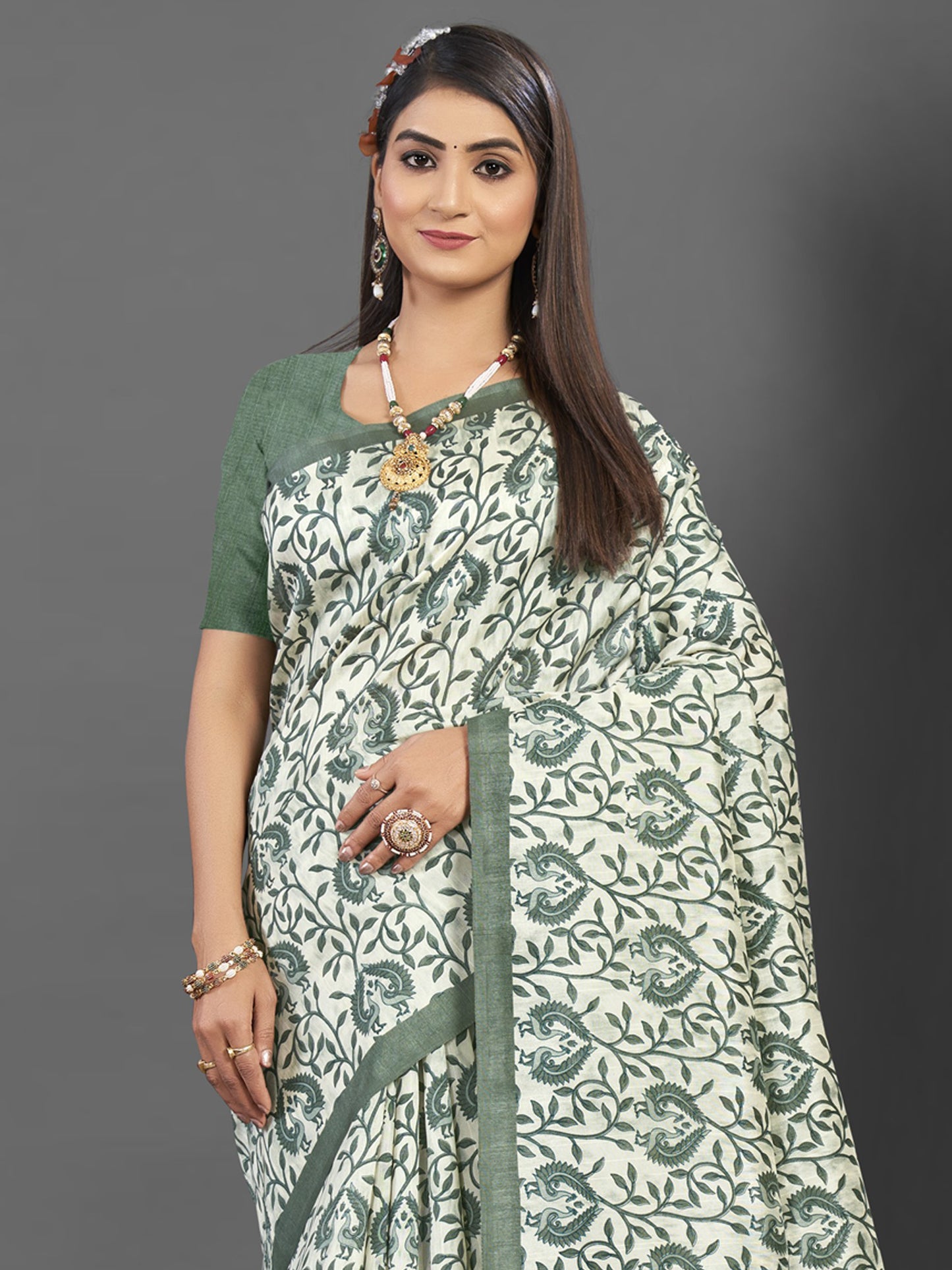 Women's Bhagalpuri Silk Off White Printed Designer Saree With Blouse Piece