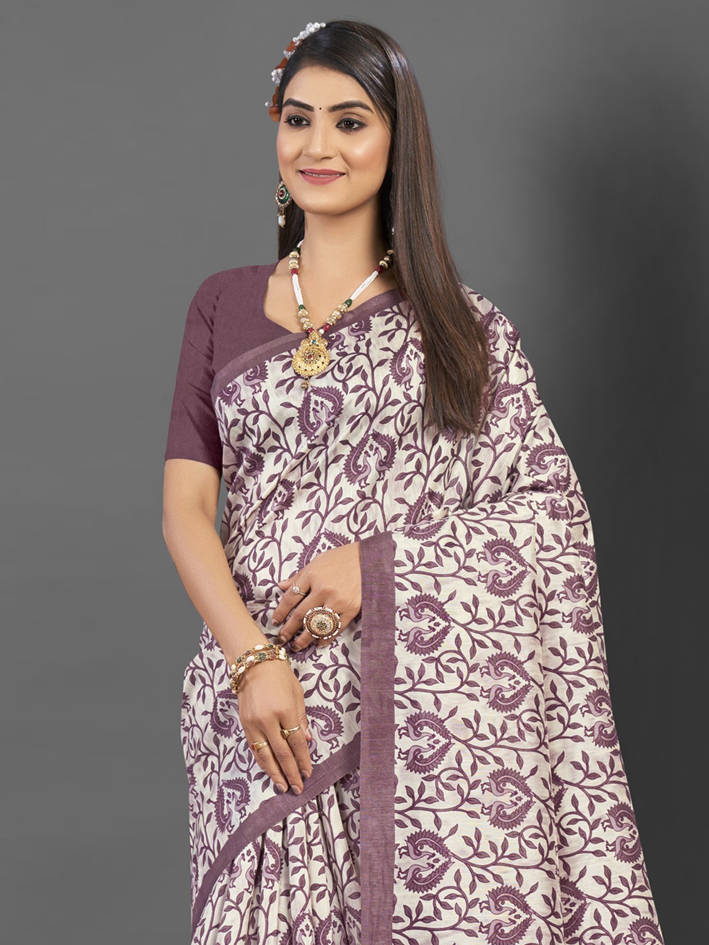 Women's Bhagalpuri Silk Off White Printed Designer Saree With Blouse Piece