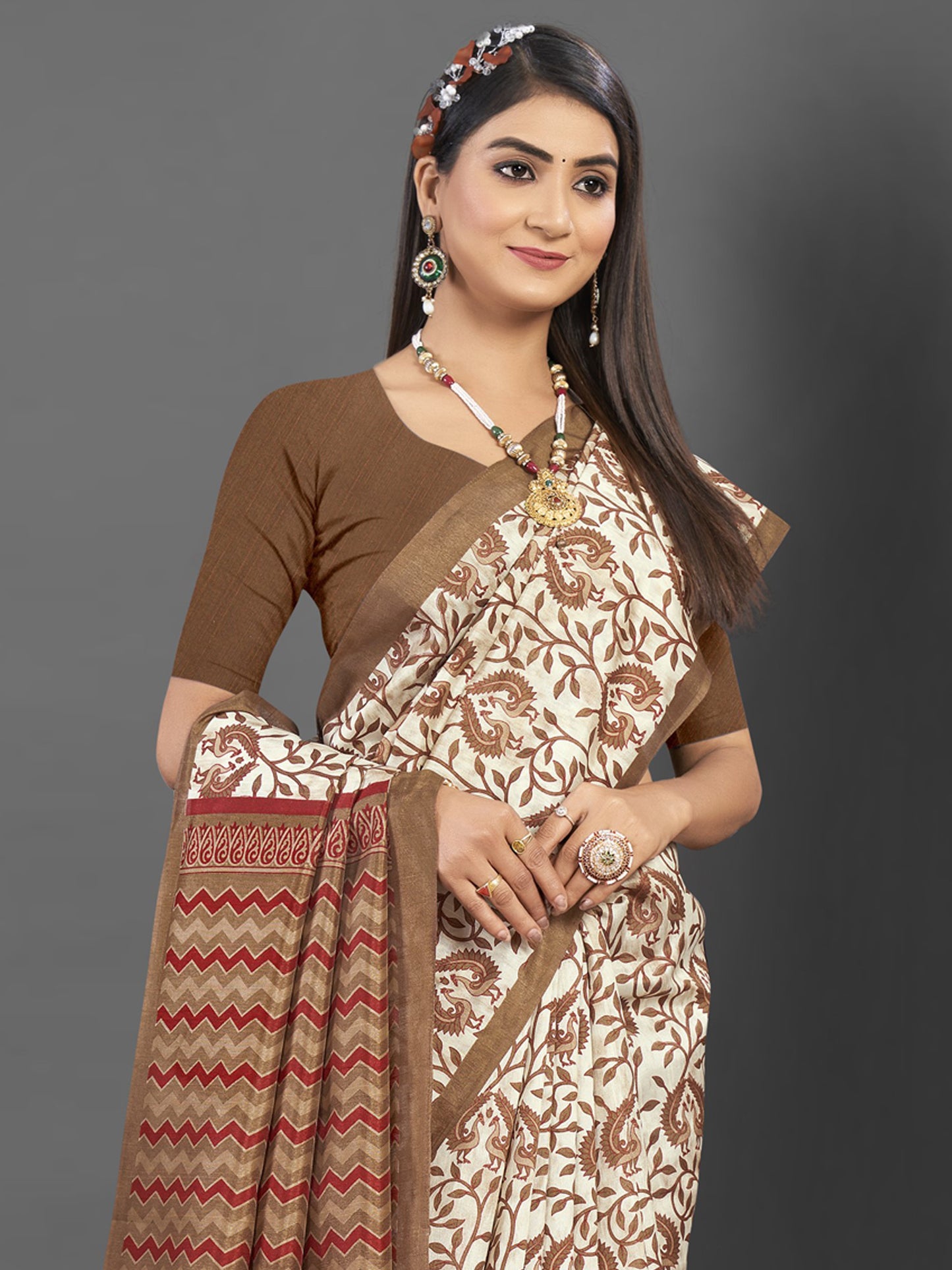 Women's Bhagalpuri Silk Off White Printed Designer Saree With Blouse Piece