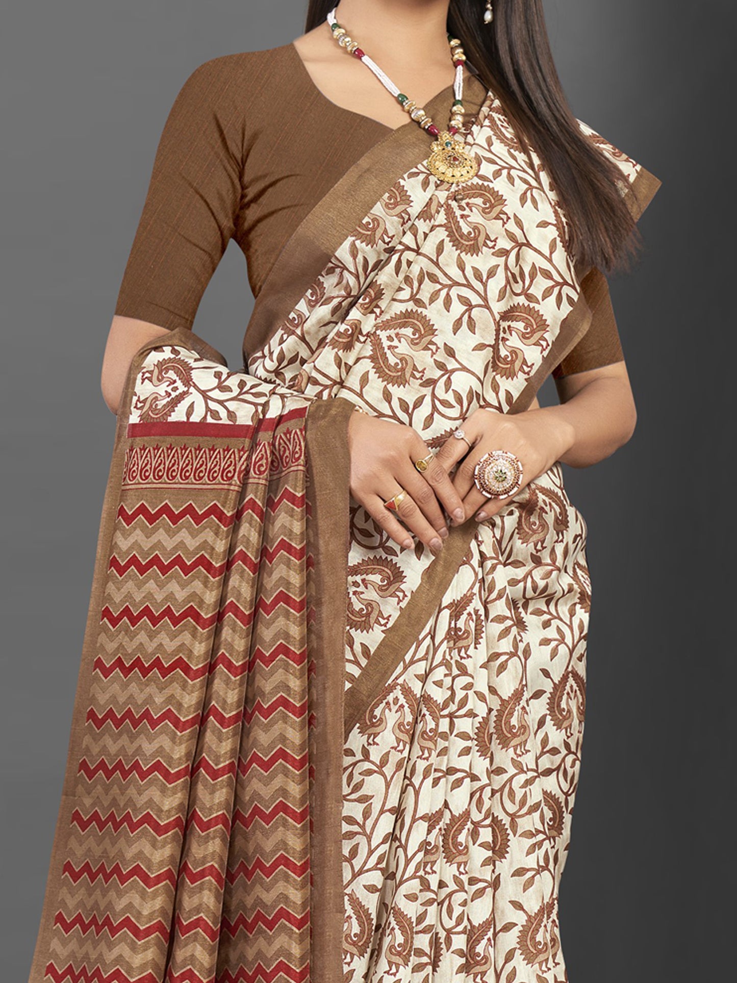 Women's Bhagalpuri Silk Off White Printed Designer Saree With Blouse Piece