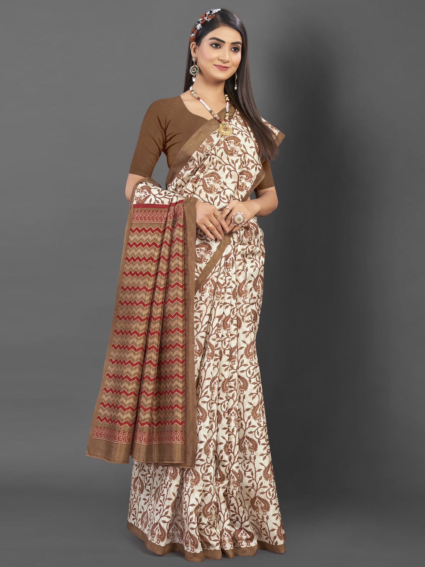 Women's Bhagalpuri Silk Off White Printed Designer Saree With Blouse Piece