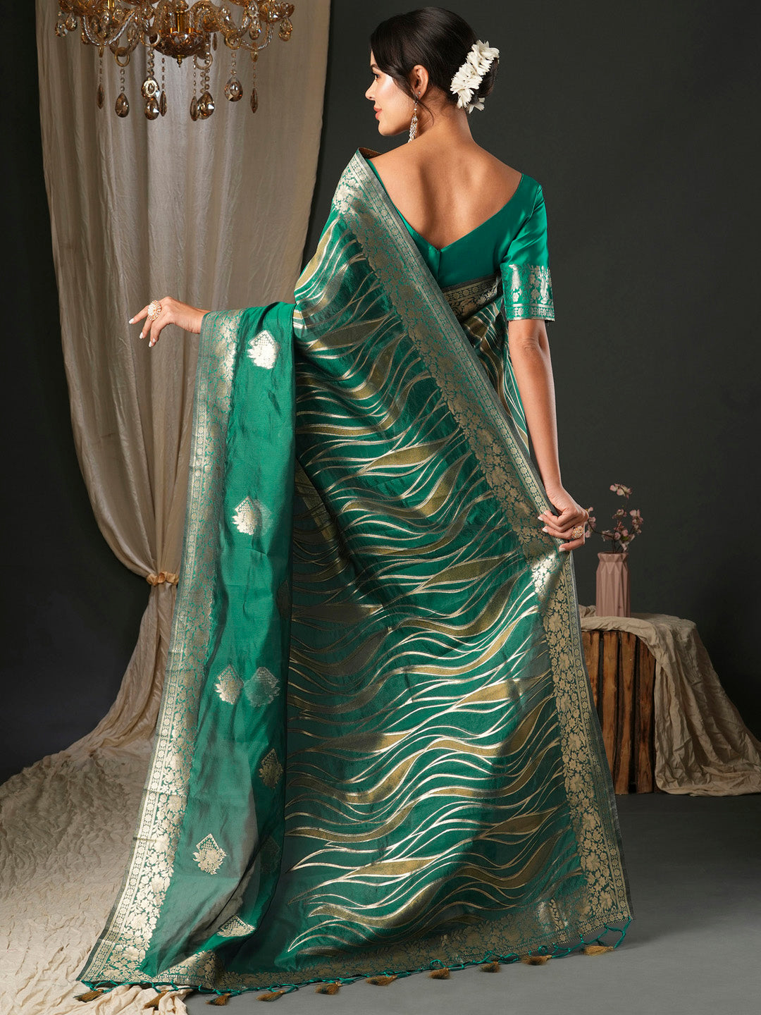 Women's Organza Teal green Woven Design Designer Saree With Blouse Piece