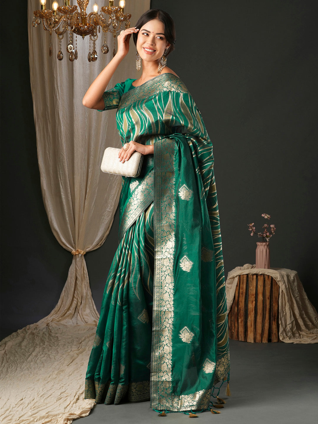 Women's Organza Teal green Woven Design Designer Saree With Blouse Piece