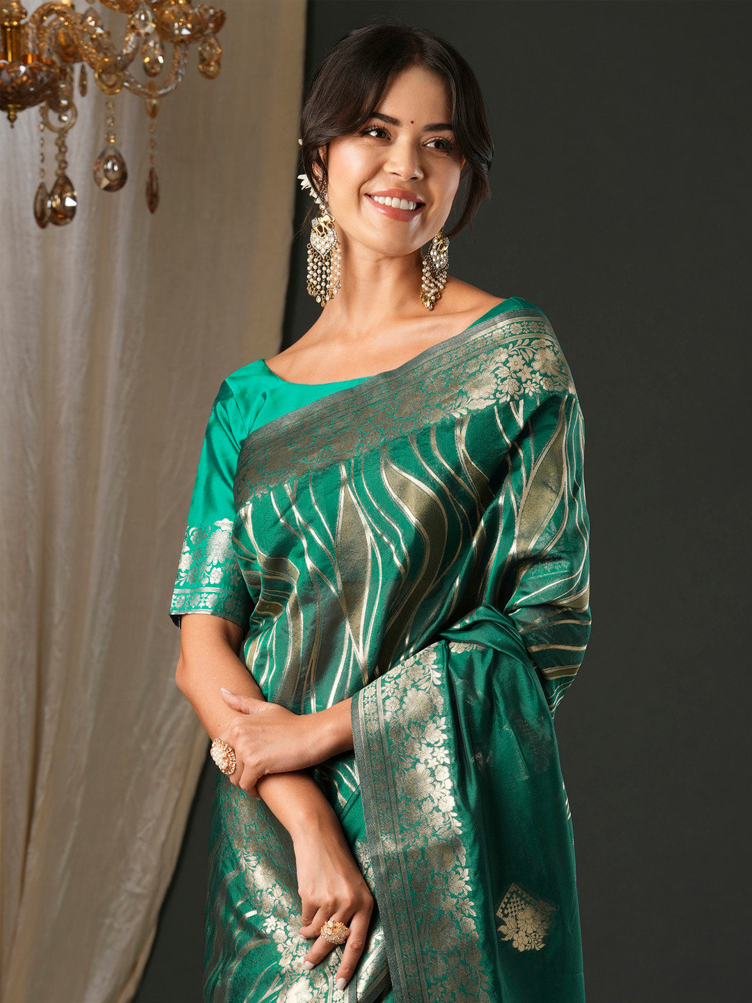 Women's Organza Teal green Woven Design Designer Saree With Blouse Piece
