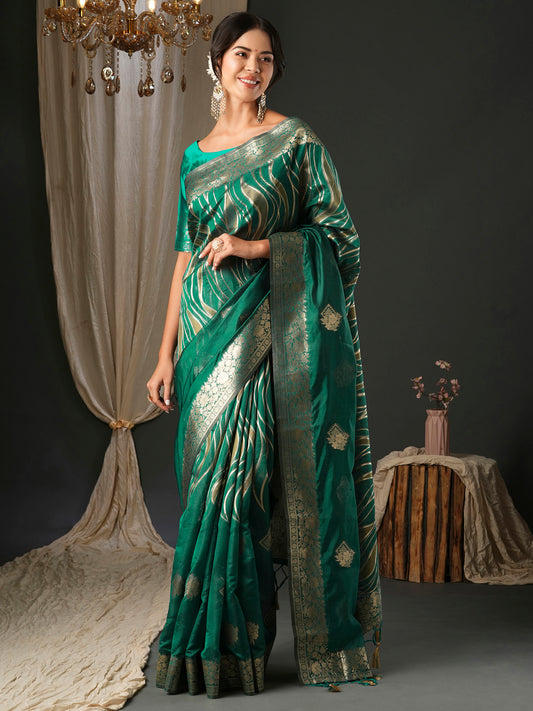 Women's Organza Teal green Woven Design Designer Saree With Blouse Piece