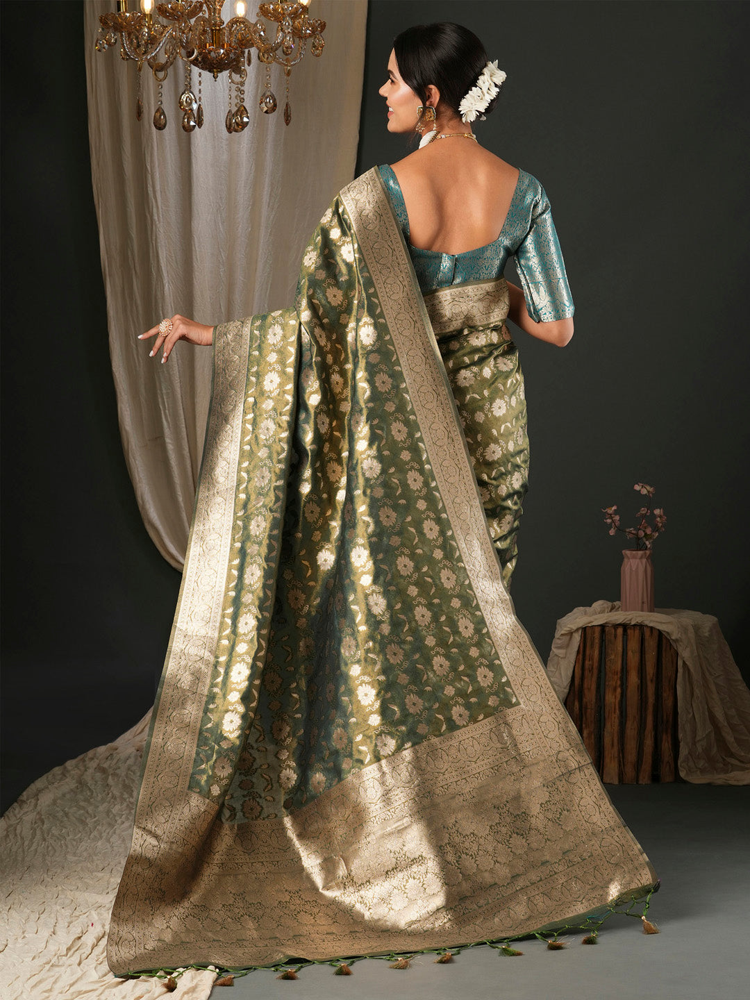 Women's Organza Blue Woven Design Designer Saree With Blouse Piece