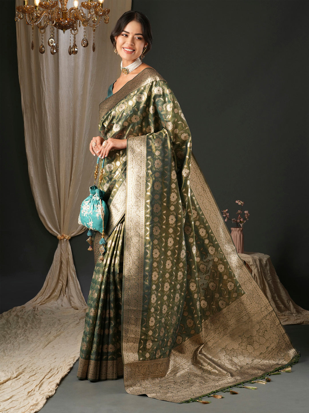 Women's Organza Blue Woven Design Designer Saree With Blouse Piece
