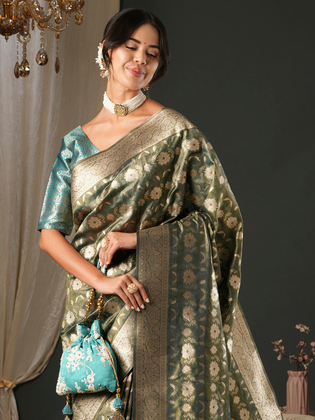Women's Organza Blue Woven Design Designer Saree With Blouse Piece
