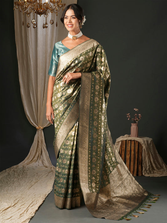 Women's Organza Blue Woven Design Designer Saree With Blouse Piece