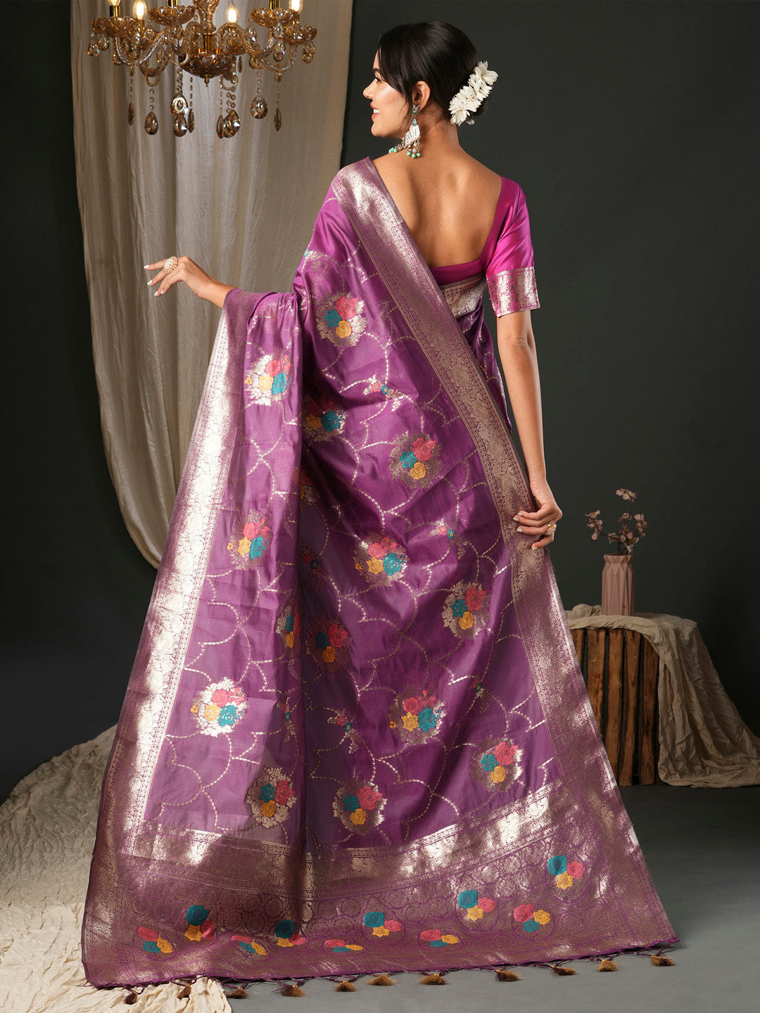 Women's Organza Pink Woven Design Designer Saree With Blouse Piece