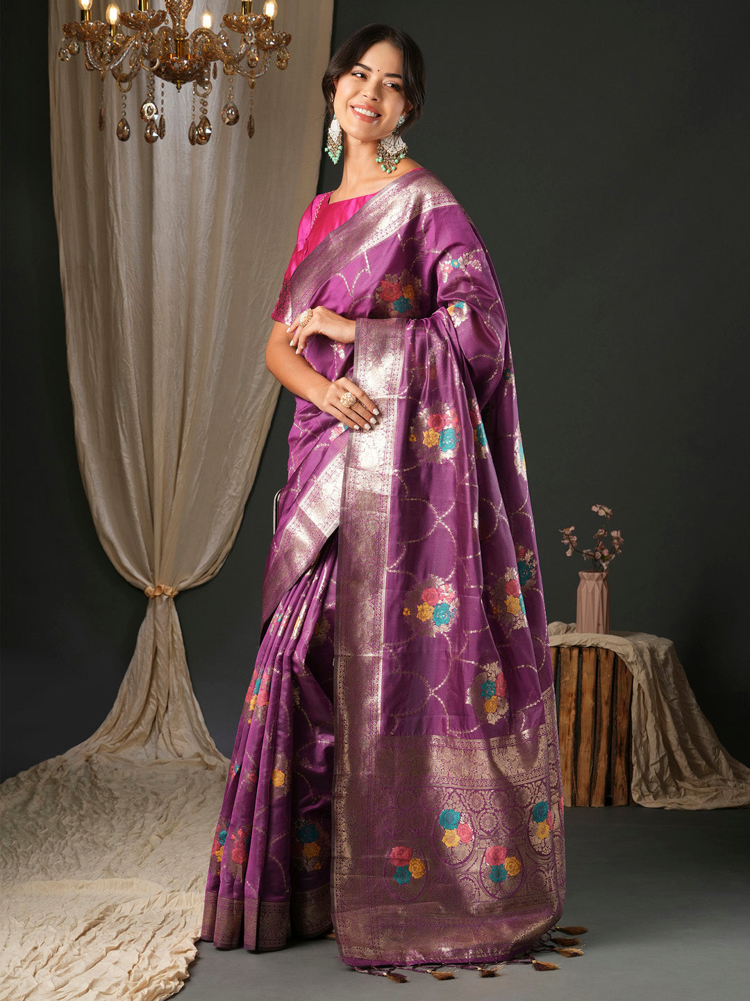 Women's Organza Pink Woven Design Designer Saree With Blouse Piece